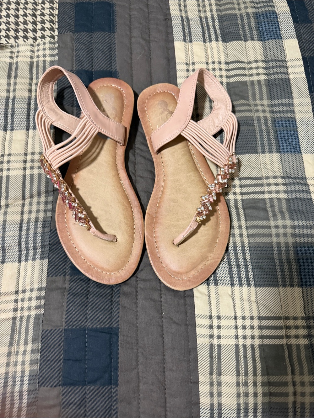 Women's Blush Pink Jeweled T-Strap Sandals